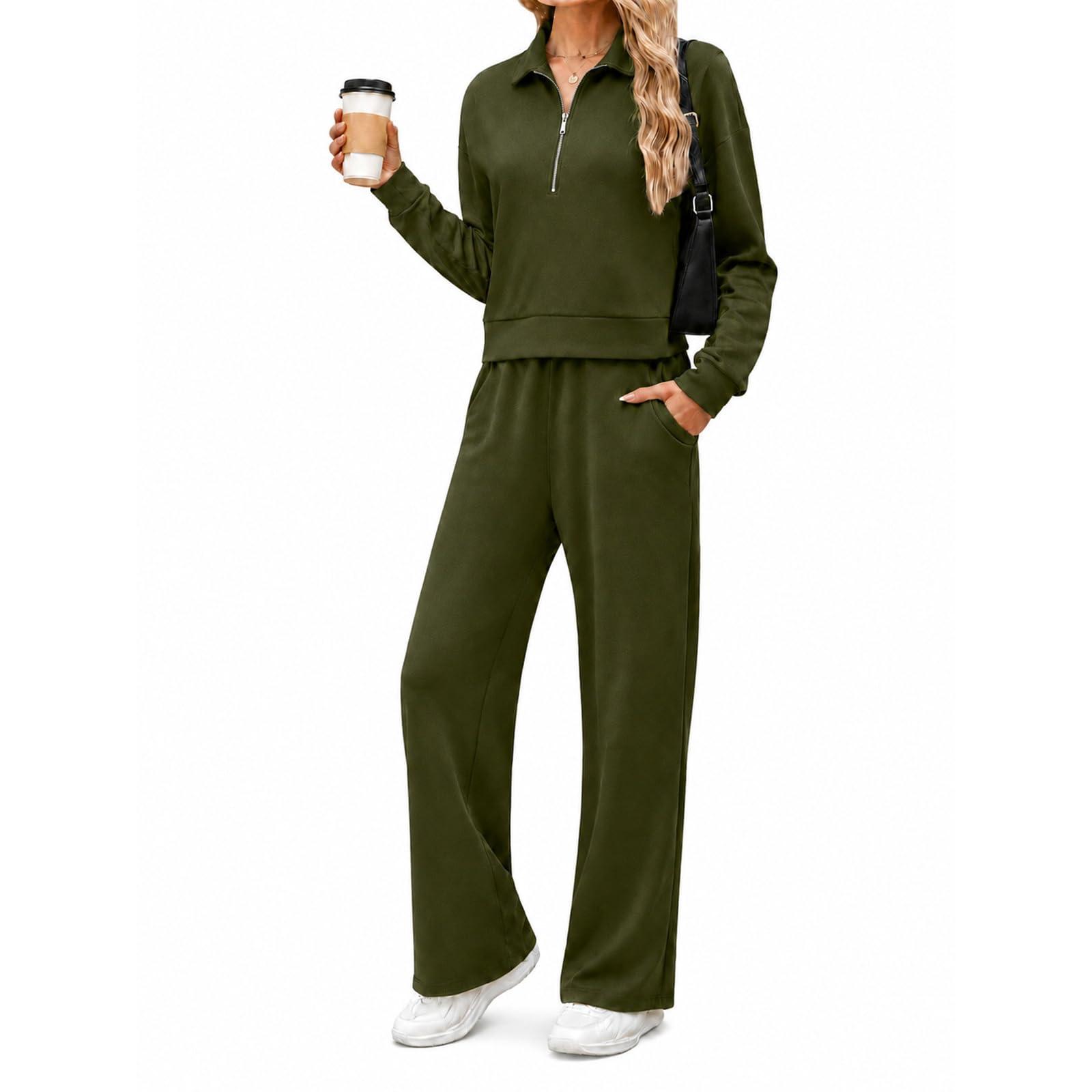 Women 2 Piece Tracksuit Half Zip Pullover Collared Baggy Sweatshirts Casual with Pockets Wide Leg Pants Stretch Winter Business Athletic Running Matching Sets
