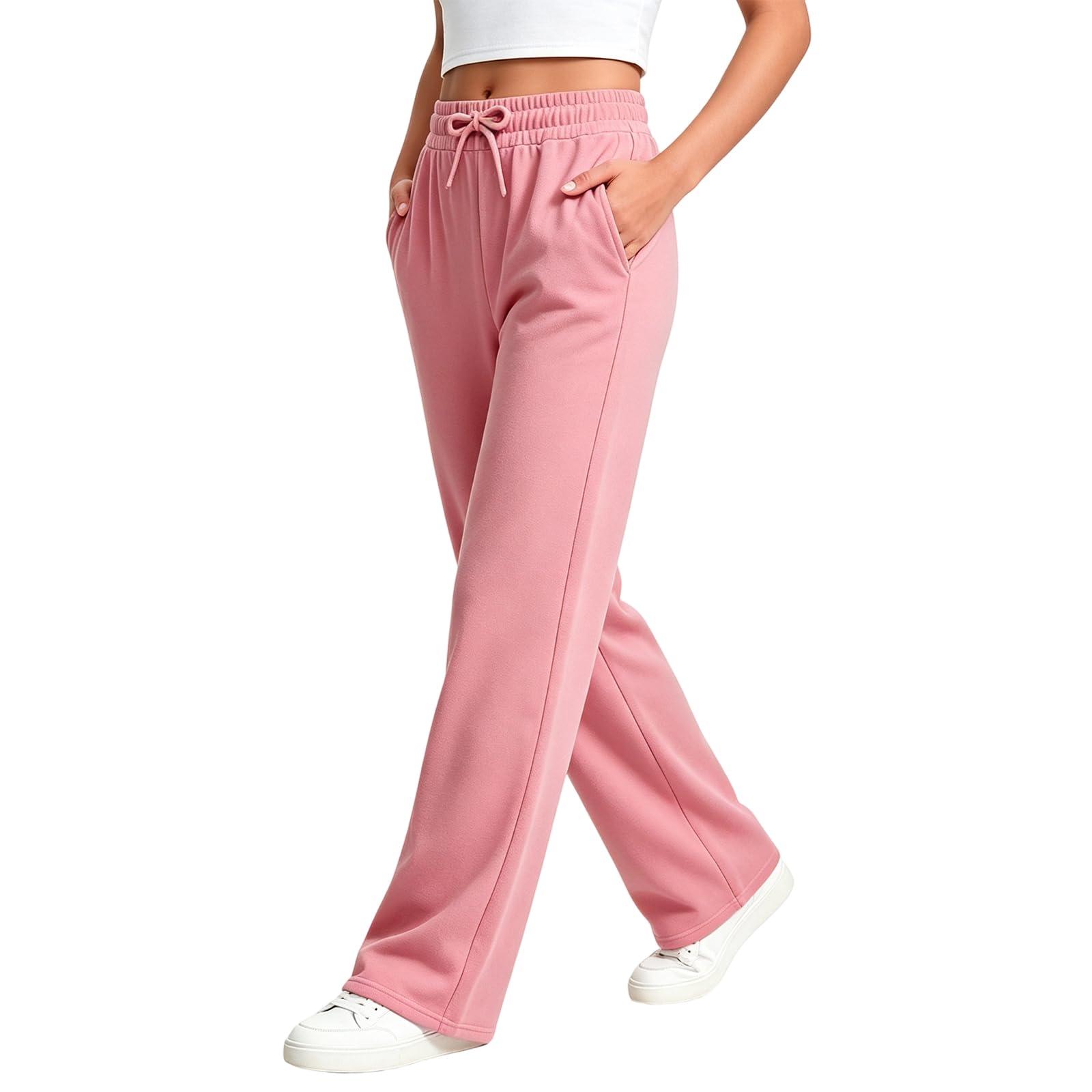 Vividcrate Womens Wide Straight Leg Pants Uncuffed Jogging Elastic Waist Sweats for Women High Waisted Baggy Comfy Lounge Bottoms Oversized Running Pull Up Sweatpants Pantalones para Mujer Pink