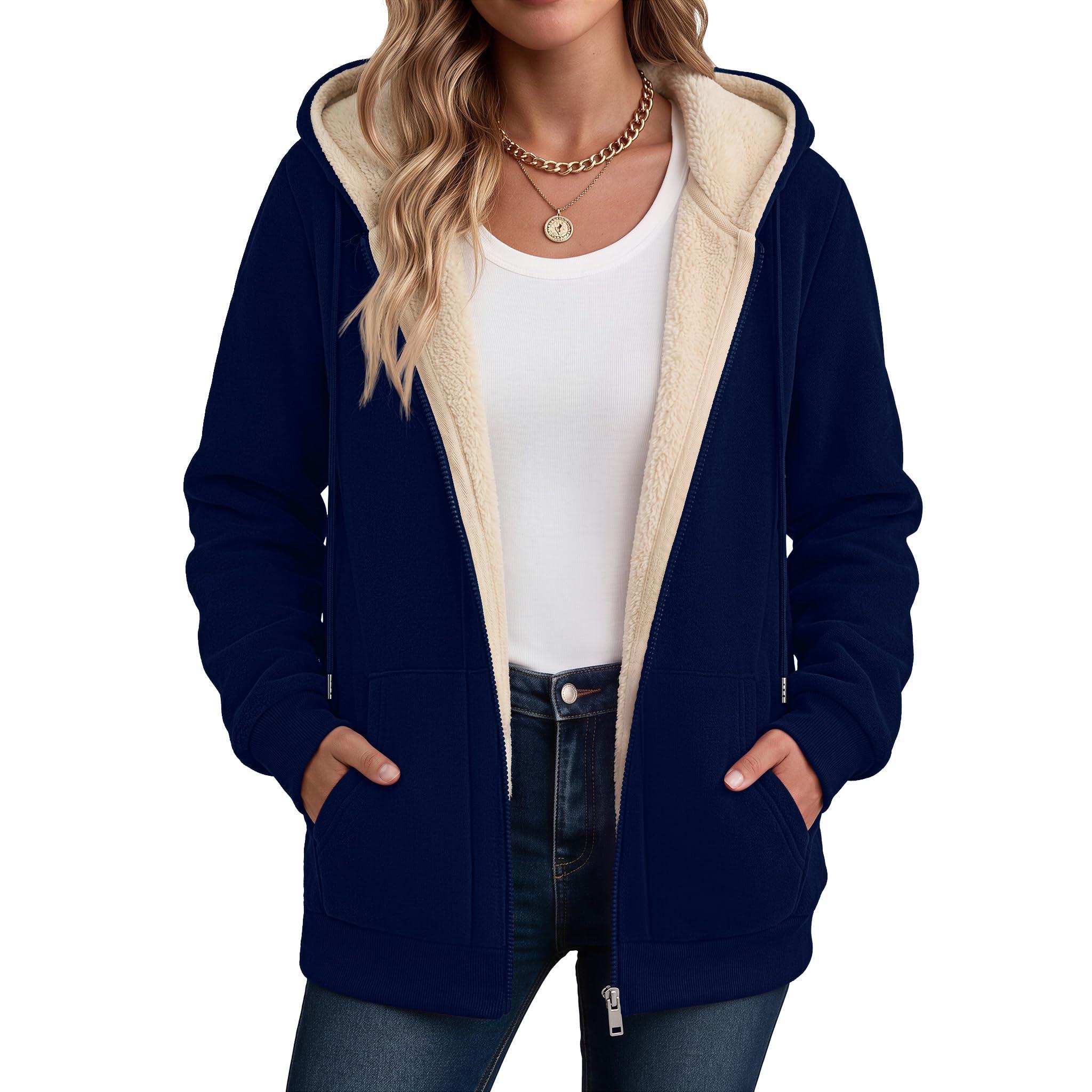 Zeagoo Women Sherpa Fleece Jacket Zip Up Thick Warm Hoodie Fall Winter Coat | Comfy Fleece Lined,Long Sleeve Full-Zip Jacket,Drawstring Hooded, Kangaroo Pocket,Casual Winter Outerwear Coat