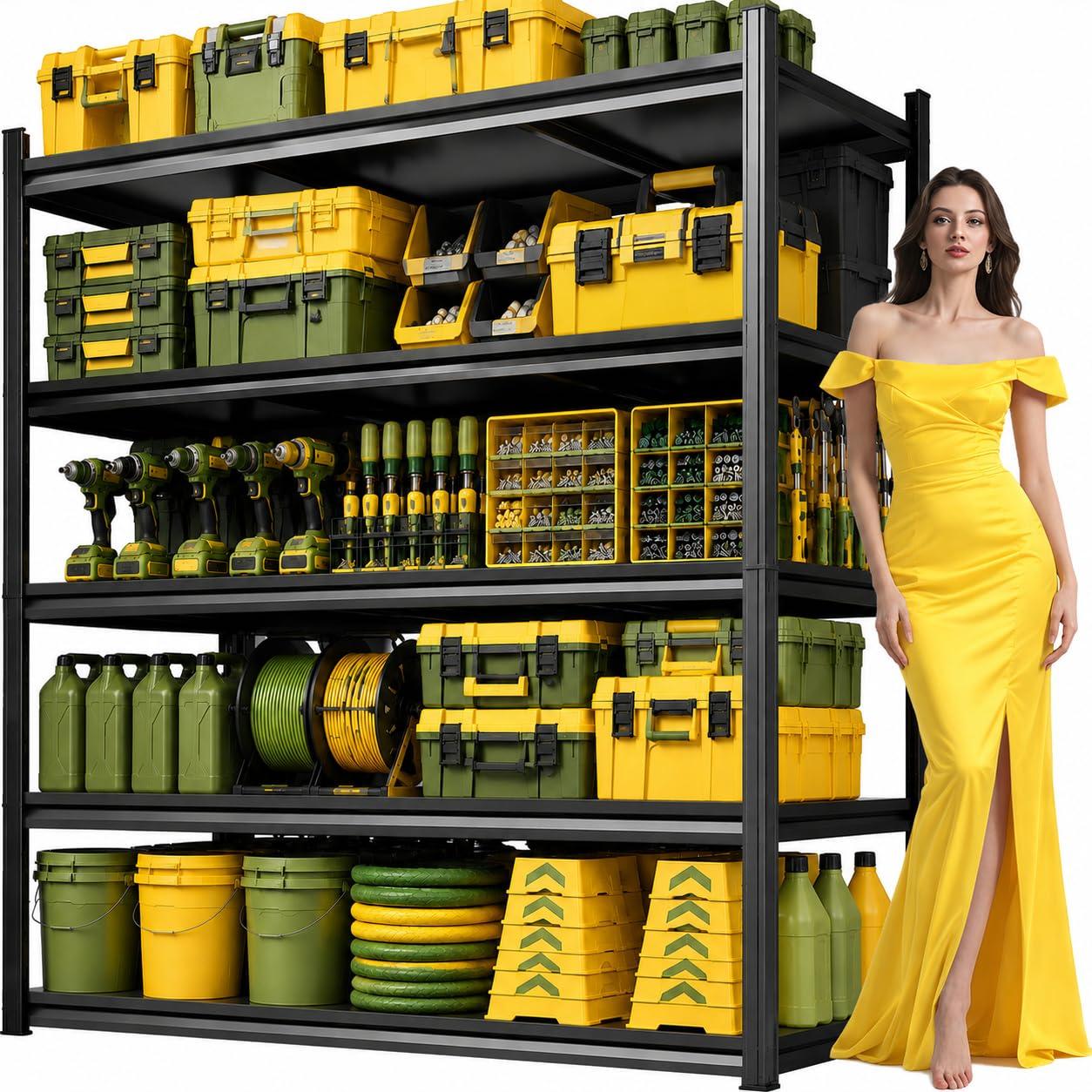 40''W Garage Shelving,Heavy Duty Shelving with Double-Layer Columns | 5-Tier Adjustable Storage Shelves,2-in-1 Adjustable Steel Shelving,for Heavy Tools and Equipment,for Garage, Basement,Black