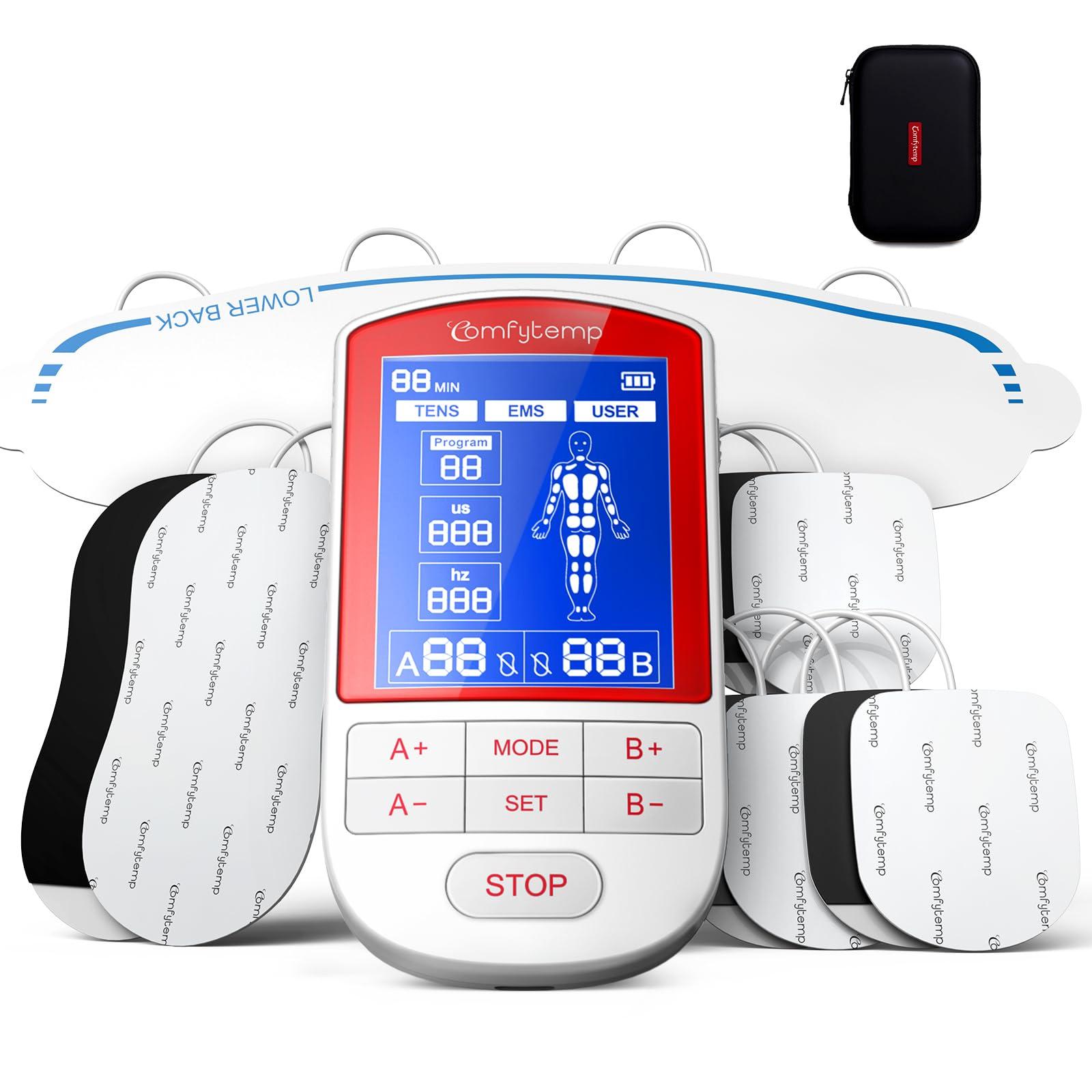 Comfytemp 3-in-1 TENS Unit with Large Back Pad, Pain Relief & EMS&User Mode | TENS Unit Muscle Stimulator, 20 Modes FSA Eligible TENS Machine EMS Massager for Back, Neck, Shoulder, Limbs with Storage Box