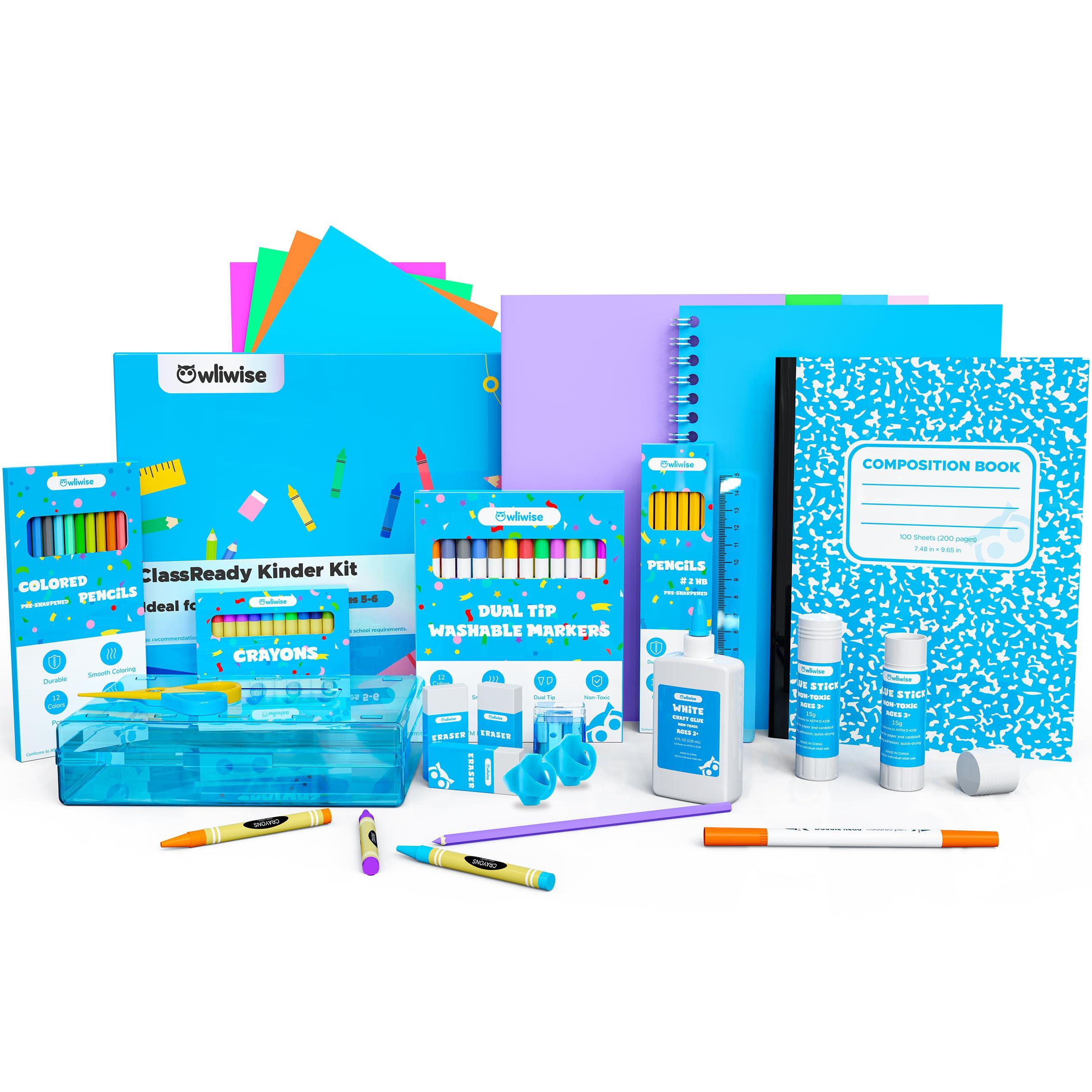 Owliwise Kinder School Supplies Kit for Kids, 78 Piece Back to School Set | Back to school supplies bundle for kindergarten, elementary, Pre-K, girls and boys, complete set with organized supply box