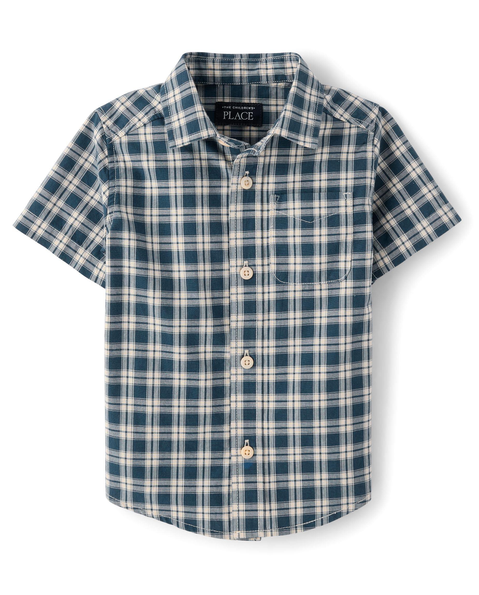The Children's Place,Baby Boys,and Toddler Poplin Short Sleeve Button Down Shirt,Ink Plaid,3 Years